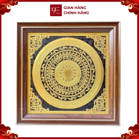 Tranh Đồng Mặt Trống Đồng , Mạ Vàng 24K - Khung Gỗ Gụ ( 75x75cm ) - Cửu Diệu Thiên - ĐT020
