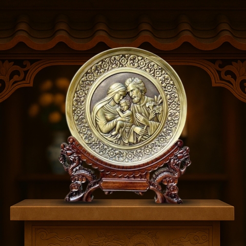 Tranh Đồng Công Giáo - Gia Đình Thánh Gia ( Đường Kính 19cm ) - Đồ Đồng Cửu Diệu Thiên - TCG013