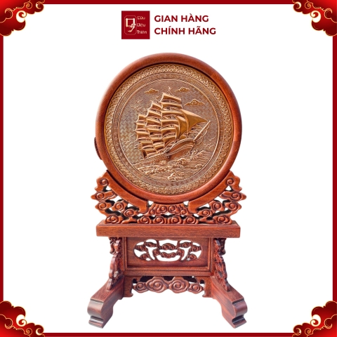 Tranh Đĩa Đồng Thuận Buồm Xuôi Gió - Giá Đỡ Gỗ Cẩm ( Đường Kính 30cm , Cao 48cm ) - Cửu Diệu Thiên - DT023