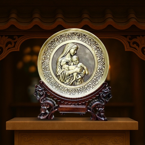 Tranh Đồng Công Giáo - Đức Mẹ Maria Bế Chúa Giêsu ( Đường Kính 19cm ) - Đồ Đồng Cửu Diệu Thiên - TCG016