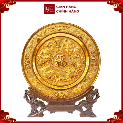 Tranh Đĩa Đồng Tứ Linh Chầu Phúc , Mạ Vàng 24K ( Đường Kính 35cm ) - Cửu Diệu Thiên - HV005