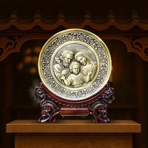 Tranh Đồng Công Giáo - Gia Đình Thánh Gia ( Đường Kính 19cm ) - Đồ Đồng Cửu Diệu Thiên - TCG018