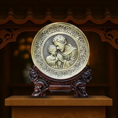 Tranh Đồng Công Giáo - Thánh Giuse Bên Chúa ( Đường Kính 19cm ) - Đồ Đồng Cửu Diệu Thiên - TCG020