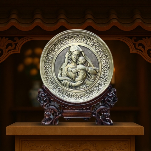 Tranh Đồng Công Giáo - Đức Mẹ Bế Chúa Giêsu ( Đường Kính 19cm ) - Đồ Đồng Cửu Diệu Thiên - TCG021