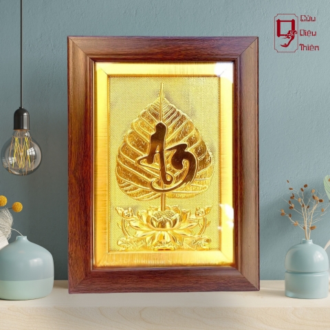 Tranh Đồng Lá Bồ Đề Chữ An Mạ Vàng 24k ( 15x20cm ) -  Đồ Đồng Cao Cấp - Cửu Diệu Thiên