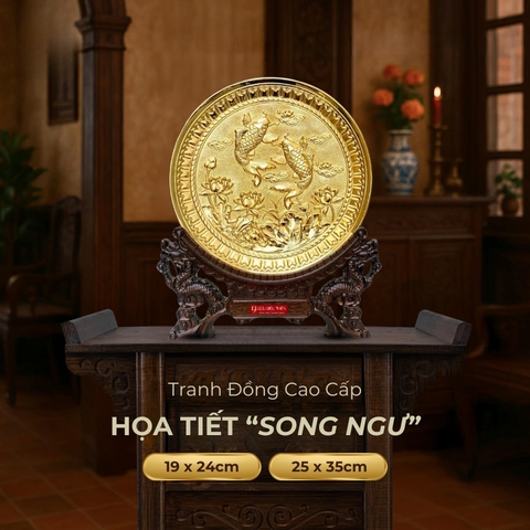 Tranh Đĩa Đồng Họa Tiết Song Ngư , Mạ Vàng 24K - Đồ Đồng Cao Cấp - Cửu Diệu Thiên