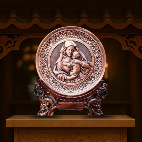 Tranh Đồng Công Giáo Đức Mẹ Maria Bế Chúa Giêsu ( Đường Kính 19cm ) Đồ Đồng Cửu Diệu Thiên - TCG003