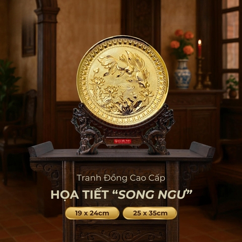 Tranh Đĩa Đồng Họa Tiết Song Ngư , Mạ Vàng 24K - Đồ Đồng Cao Cấp - Cửu Diệu Thiên