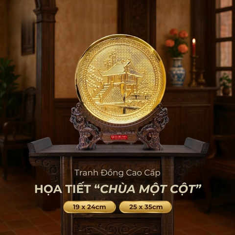 Tranh Đĩa Đồng Chùa Một Cột , Mạ Vàng 24K- Đồ Đồng Cao Cấp - Cửu Diệu Thiên