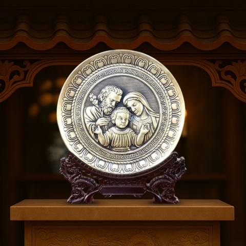 Tranh Đồng Công Giáo - Thánh Gia ( Đường Kính 19cm ) - Đồ Đồng Cửu Diệu Thiên - TCG024