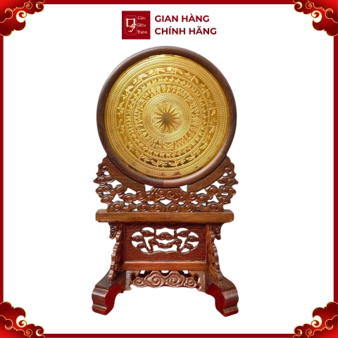Tranh Đĩa Mặt Trống Đồng , Mạ Vàng 24K - Giá Đỡ Gỗ Cẩm ( Đường Kính 35cm , Cao 56cm ) - Cửu Diệu Thiên - DT009