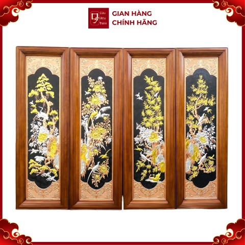Tranh Đồng Tứ Quý Dát Điểm Vàng Bạc ( 28x88cm ) - Cửu Diệu Thiên - TQ001