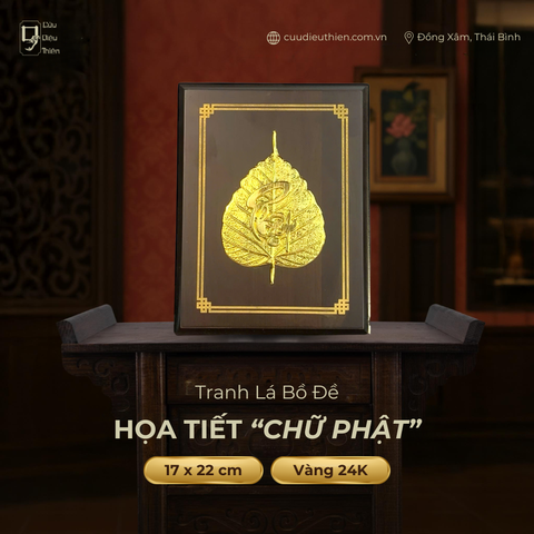 Tranh Lá Bồ Đề Chữ Phật ( 17x22cm ) - Đồ Đồng Cao Cấp - Cửu Diệu Thiên