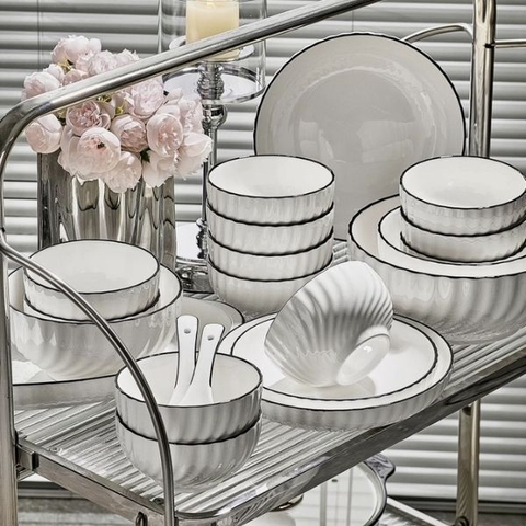 Bộ bát đĩa TC Classic White - trắng vân viền đen - TC01