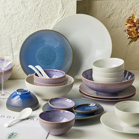 Bộ chén bát đĩa phong cách Bắc Âu thượng hạng - vân sọc nhỏ nhiều màu - Không chì - Chịu được nhiệt độ cao - GT06