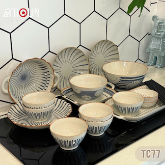Bộ bát đĩa gốm sứ họa tiết sọc tròn phong cách Nhật Bản - TC77