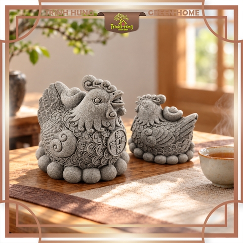 Tượng gà vàng ấp trứng đá sa thạch