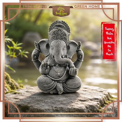 Tượng thần voi Ganesha đá sa thạch xanh