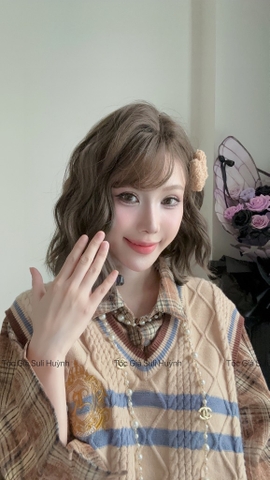 Tóc giả nguyên đầu - Bộ xù ngắn nâu rêu 2025