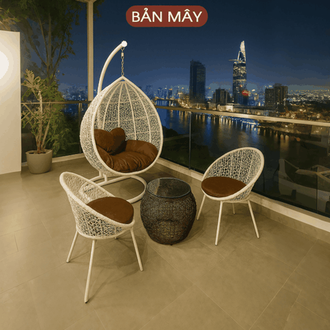Bộ bàn ghế xích đu trắng đệm nâu