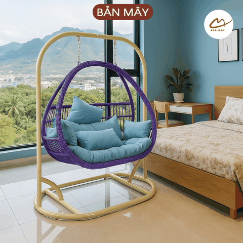 Xích đu phượng hoàng đôi lồng tím đệm xanh