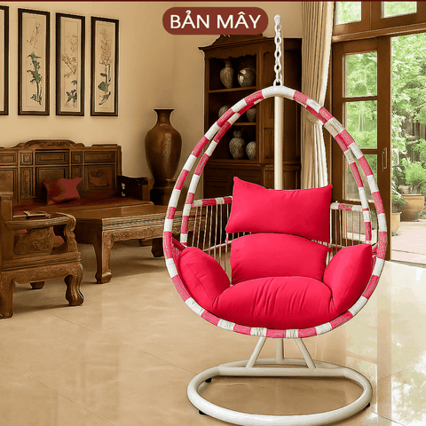 Xích đu trứng mix màu trắng - hồng, đệm hồng