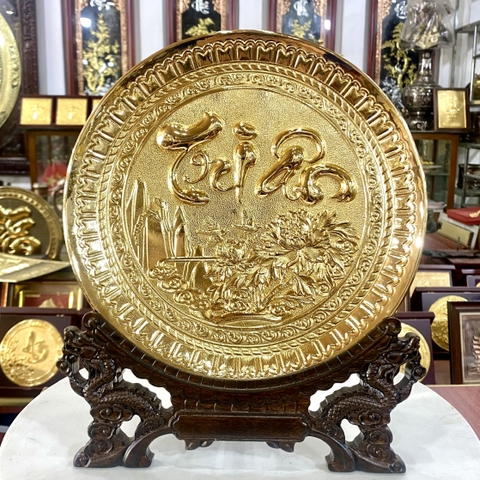 TRANH ĐĨA ĐỒNG CHỮ TRI ÂN MẠ VÀNG 24K (Đk 19cm / Cao 25cm)