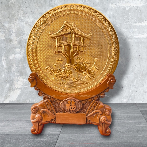 QUÀ TẶNG TRANH ĐỒNG CHÙA MỘT CỘT, MẠ VÀNG 24K (Đường kính 26cm; Cao 36cm)