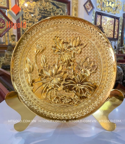 QUÀ TẶNG TRANH ĐĨA ĐỒNG HOA SEN, MẠ VÀNG 24K (Đường kính 21cm)