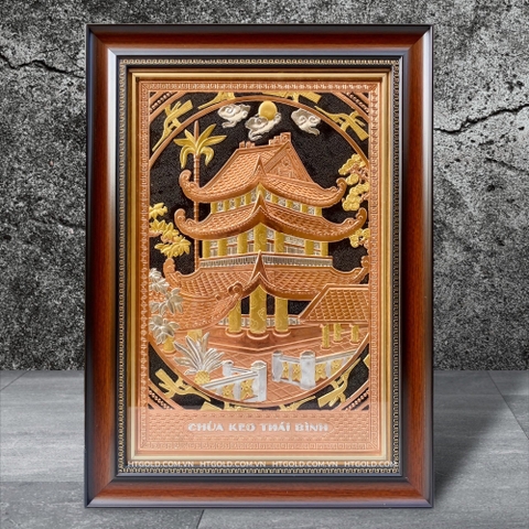 TRANH CHÙA KEO BẰNG ĐỔNG ĐỎ DÁT ĐIỂM VÀNG BẠC (54cm*38cm)