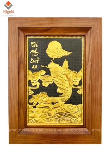 TRANH ĐỒNG CÁ CHÉP VƯỢT VŨ MÔN, MẠ VÀNG 24K (KT 28cm x 38cm).
