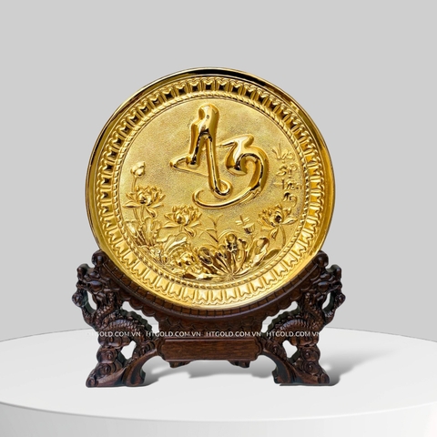 TRANH ĐĨA ĐỒNG CHỮ AN, MẠ VÀNG 24k (Đk 19cm)