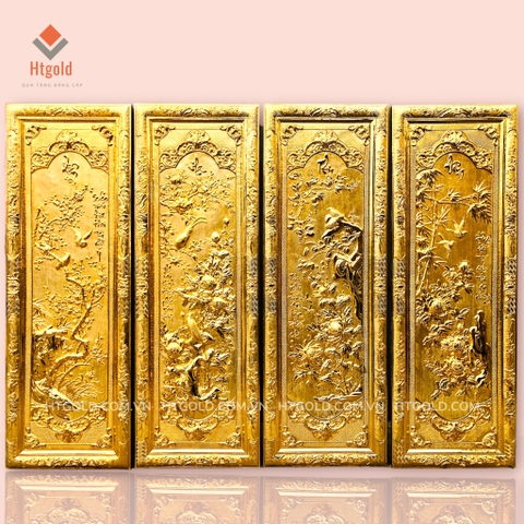 TRANH ĐỒNG TỨ QUÝ, MẠ VÀNG 24K (KHUNG LIỀN ĐỒNG); Kích thước 61cm -176cm