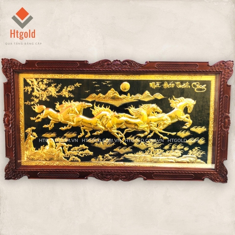 TRANH ĐỒNG MÃ ĐÁO THÀNH CÔNG, MẠ VÀNG 24K, KHUNG GỖ GỤ (Kích thước 107cm x 197cm)