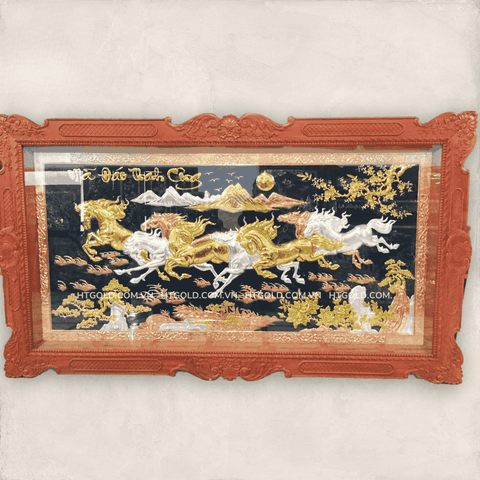 TRANH MÃ ĐÁO THÀNH CÔNG, CHẤT LIỆU ĐỒNG ĐỎ, MẠ TAM KHÍ VÀNG- BẠC- ĐỒNG, KHUNG GỖ GÕ ĐỎ (Kích thước 155cm x 255cm)