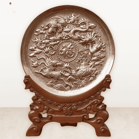 QUÀ TẶNG TRANH ĐĨA ĐỒNG - TỨ LINH CHẦU PHÚC (Đường kính 30cm; 2 lớp; Tổng chiều cao 41cm)