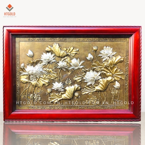 TRANH HOA SEN BẰNG ĐỒNG, DÁT ĐIỂM BẠC (Kích thước 1m07 x 1m55)