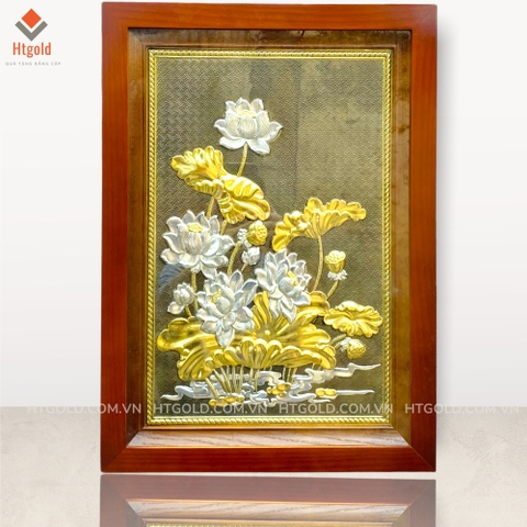TRANH HOA SEN (Kích thước 54cm x 38cm; Dát vàng bạc)