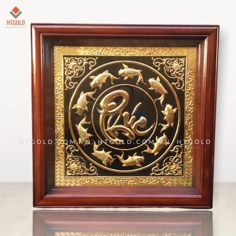 TRANH ĐỒNG CỬU NGƯ CHẦU PHÚC MẠ VÀNG 24K (Kích thước 68cm x 68cm)