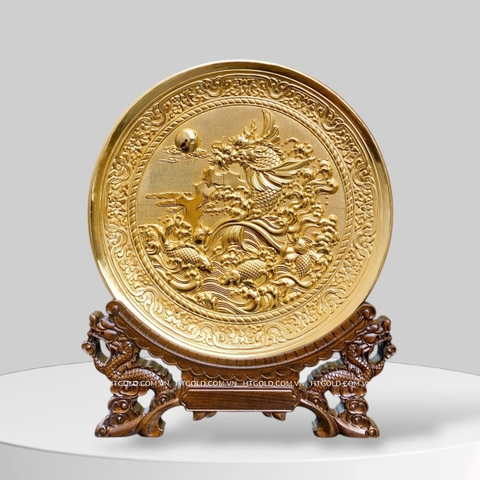TRANH ĐĨA CÁ CHÉP HOÁ RỒNG, MẠ VÀNG 24K (Đk 25cm)