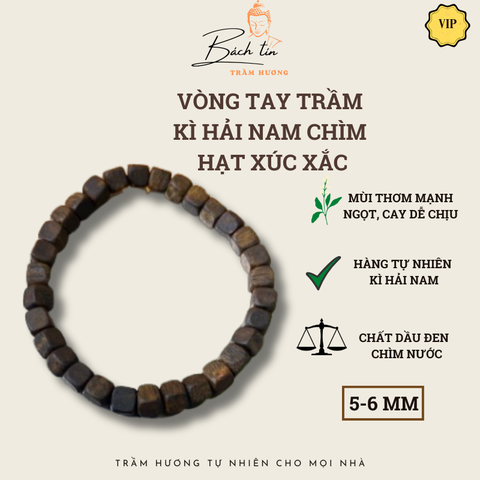 Vòng tay trầm hương Kì Hải Nam chìm nước hạt xúc xắc 5-6mm đen dầu thơm mạnh 031