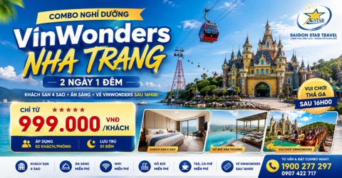 Combo VinWonders Nha Trang 2N1Đ | Khách Sạn 4 Sao, Vé Sau 16h
