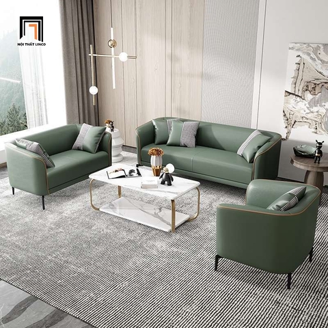 A7 Bộ ghế sofa màu xanh lá KT67 Polan da giả chạy viền nổi bật