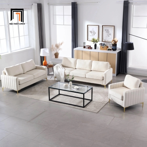 J3 Set ghế sofa vải nhung trắng kem KT137 Cedar kiểu dáng xinh xắn