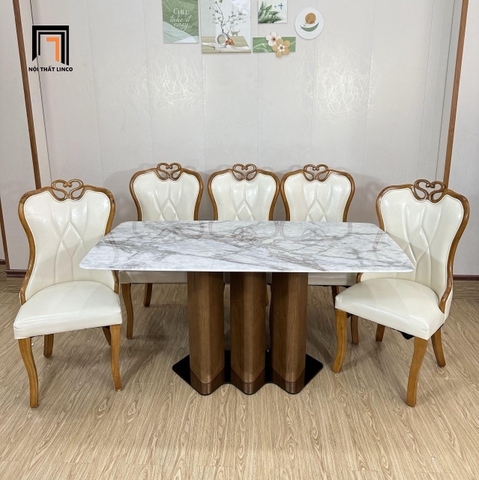 Bộ bàn ăn đá GF30-BAD6-G322-B360 6 ghế da giả trắng kem