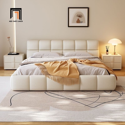 D2 Giường bọc da giả xám trắng GN93 Brodie phòng ngủ cao cấp