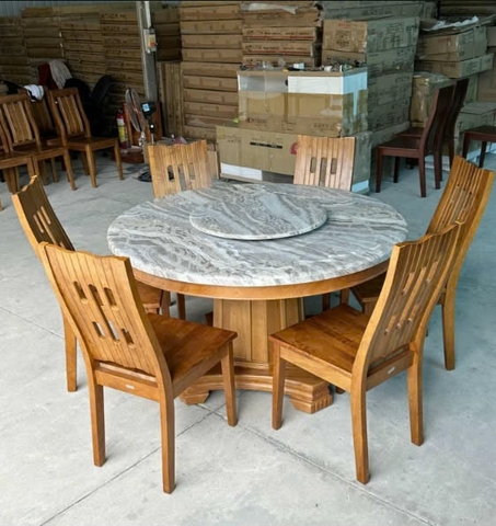 Bàn ăn gỗ 6 người GF2-BAD6-G302-B351 mặt đá tròn xoay
