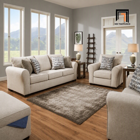 D5 Bộ ghế sofa phòng khách màu trắng kem KT2 Carey sang trọng
