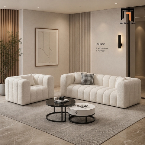 E1 Bộ ghế sofa vải lông cừu màu trắng KT70 Kaisei trang trí xinh xắn
