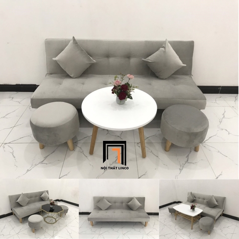 I2 Set ghế sofa giường nằm xinh xắn SFG xám trắng vải nỉ nhung